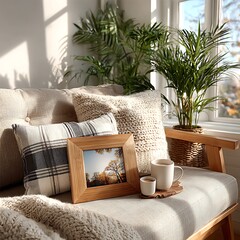 Modern plant shelf with framed photos pots high resolution picture