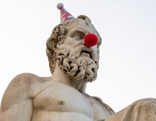 Low-angle shot of stone Socrates statue with a red nose