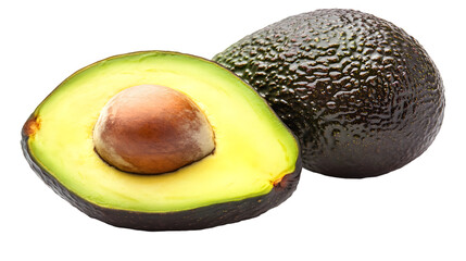 A halved avocado reveals its vibrant green flesh and brown pit next to a whole avocado on a black background