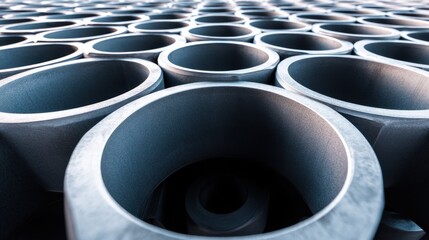 Close-up Perspective of Cylindrical Metal Pipes Arranged in a Grid Pattern Highlighting Industrial Design with Light Play and Textural Detail