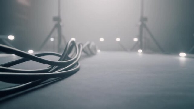 Tangled cables on studio floor with blurred lights