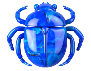Vibrant blue scarab beetle with lustrous, marbled surface