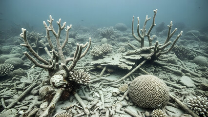 Underwater landscape of a severely bleached and dying coral reef, a stark visual reminder of the devastating environmental impact of climate change on marine ecosystems