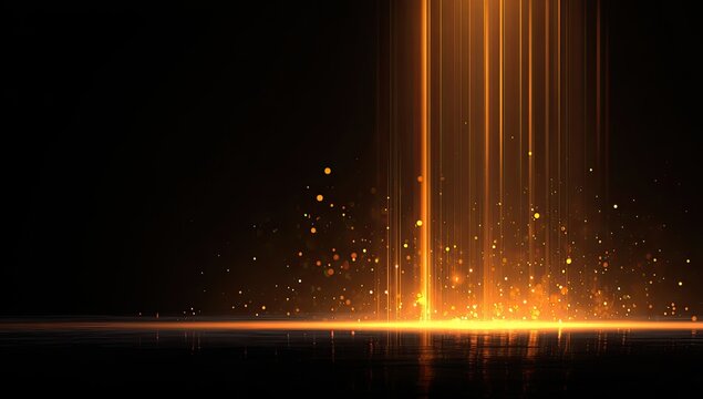 Illuminated golden light beams cascade downwards, creating a sparkling reflective scene against black