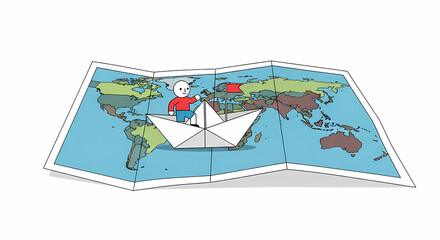 Cartoon boy sailing paper boat on world map.