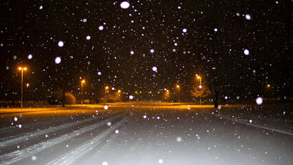 Snowfall On Quiet Winter Street At Night City Scene