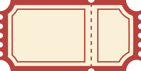 Blank red vintage ticket stub template vector isolated on white. Classic retro-style blank ticket stub with perforated tear line and decorative edges in red colors. events, cinema, theater, raffles.