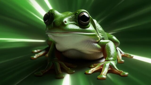Green Tree Frog with Bright Eyes and Smooth Skin on a Vibrant Green Background with Radial Light Rays.