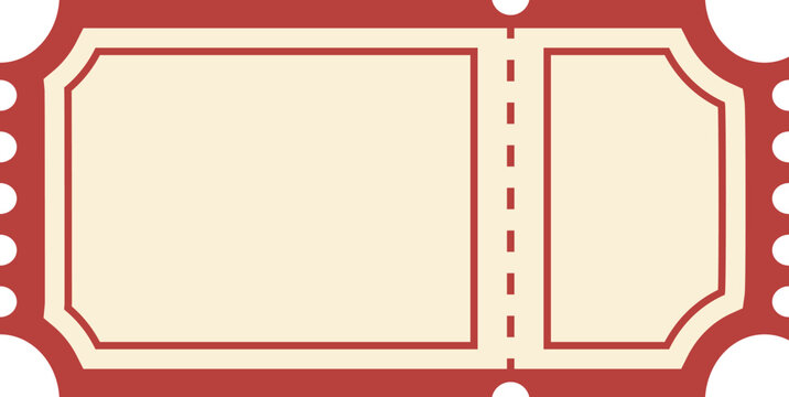 Blank red vintage ticket stub template vector isolated on white. Classic retro-style blank ticket stub with perforated tear line and decorative edges in red colors. events, cinema, theater, raffles.