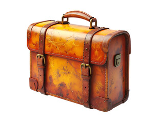 Detailed, weathered leather briefcase with straps, buckles, handle, on black