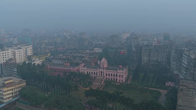 Drone view of Ahsan Manzil Pink Palace heritage site in Old Dhaka, Bangladesh