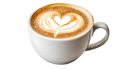 A white coffee mug with a heart design on the foam of a latte