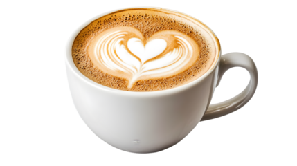 A white coffee mug with a heart design on the foam of a latte