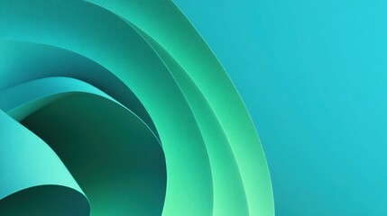 Abstract swirls of turquoise and green paper creating dynamic curves and layers in a visually striking composition on a smooth blue background