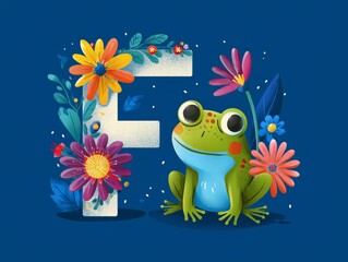 Frog with Flowers and uppercase latin alphabet letter F on blue background