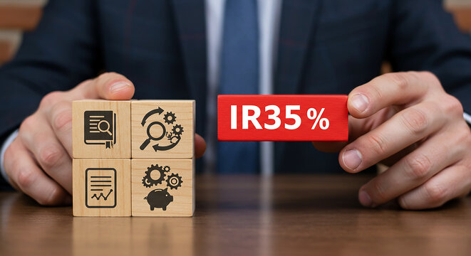 IR35 Directive: A person is holding a block displaying the 'IR35%' directive, symbolizing employment regulations in a clear manner.