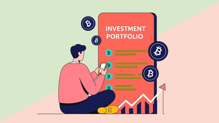 Man analyzing investment portfolio on large smartphone screen with Bitcoin symbols.