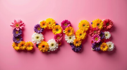 Word Love formed from bright flowers on soft pink background. Floral concept for Valentine day, romantic greeting, love celebration and seasonal design