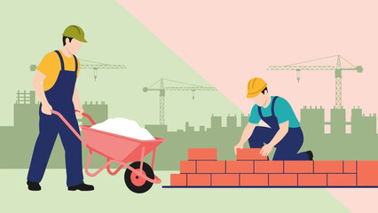 Construction workers building a brick wall on a construction site.