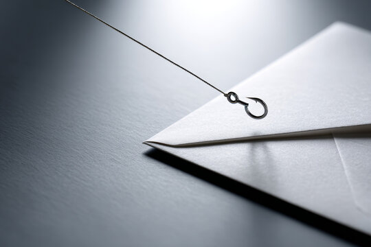 A conceptual still life of an envelope pierced with a metal hook, with a clean studio setting, soft shadows and a premium aesthetic.