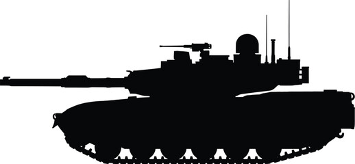 Modern battle tank silhouette isolated on white background, military armored vehicle side view, heavy weapon defense concept illustration graphic design © Rokeya