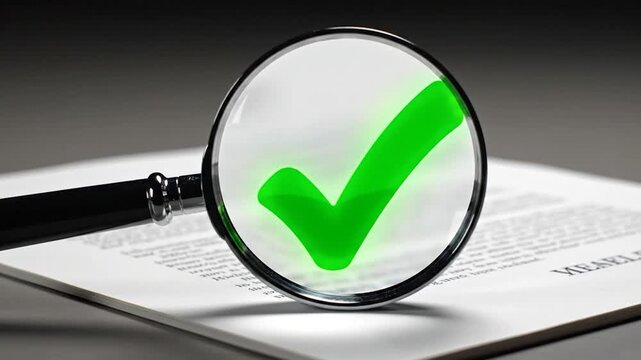 A magnifying glass hovers above a document. Words are visible through the lens. Black handle