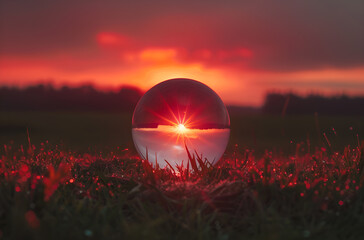 Szklana kula na łące o zachodzie słońca – refrakcja światła, czerwone niebo i nastrojowy krajobraz.