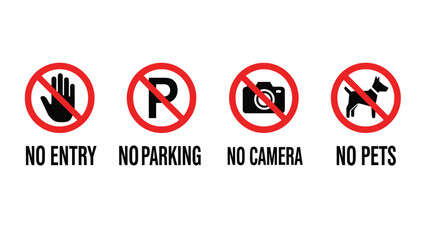 A collection of four universal prohibitory symbols including no entry no parking no camera and no pets restrictions clearly displayed for public guidance and safety awareness