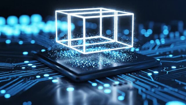Futuristic Digital Wireframe Cube Hovering Above CPU Microchip on Glowing Circuit Board, Symbolizing Blockchain & Advanced Computing