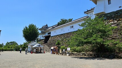 青空と新緑に囲まれた和歌山城の城門と石垣