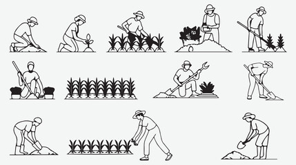 People engaged in various gardening and agricultural activities, from planting to harvesting