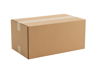 Brown cardboard shipping box sealed with white tape, captured from a three-quarter perspective, isolated on transparent background.