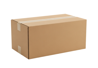 Brown cardboard shipping box sealed with white tape, captured from a three-quarter perspective, isolated on transparent background.