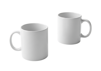 Two plain white ceramic coffee mugs isolated on transparent background