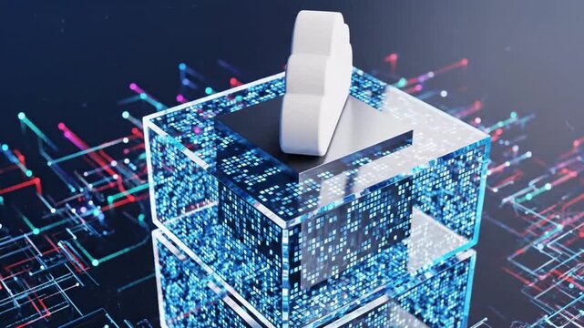 E-Voting Concept: Cloud Ballot Entering Transparent Digital Box in Futuristic Tech Network, Symbolizing Online Elections & Digital Democracy