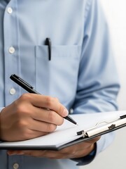 Man Writing on Clipboard with Pen in Hand