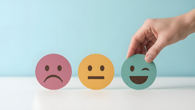 Hand choosing happy smile face paper cut, good feedback rating and positive customer review, mental health assessment, child wellness,world mental health day, think positive, compliment day concept