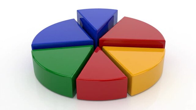 A 3D pie chart diagram composed of six colorful, glossy slices. It is set against a white background