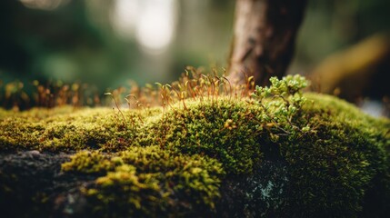 Close-up View of Vibrant Green Moss and Tiny Plants on Tree Log in a Serene Forest Setting with Bokeh Background and Soft Natural Lighting