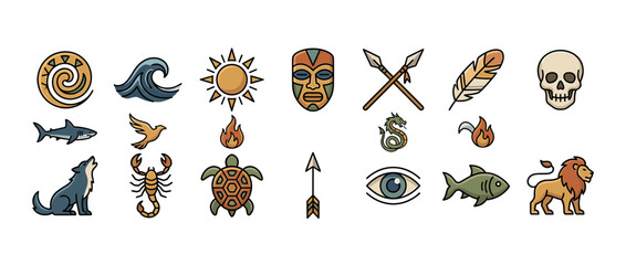A collection of various icons, including animals, symbols, and tribal elements.