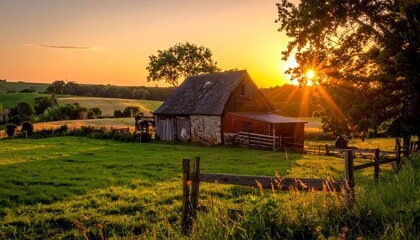 Picturesque Barn at Sunset - A Serene Countryside Scene.