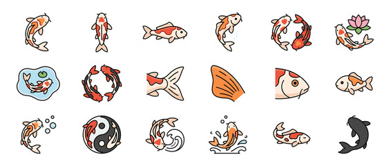A collection of various cartoon koi fish illustrations, in different poses and arrangements.