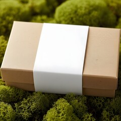 Brown Cardboard Box Mockup with White Sleeve Label on Green Moss Nature Background