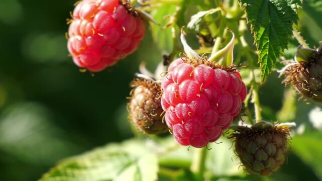 Vibrant ripe raspberries hanging from a branch in warm sunlight, showcasing nature's fresh bounty.