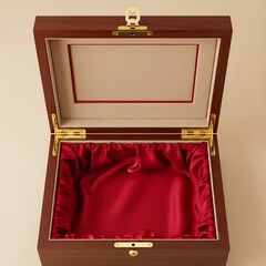 Open Wooden Jewelry Box with Red Velvet Interior Top View Isolated