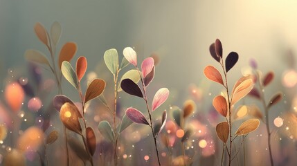 Delicate pastel foliage with soft light and bokeh effect creating an enchanting and serene atmosphere in nature-inspired background scene