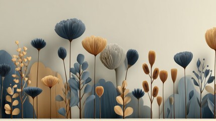 Abstract botanical illustration featuring tall flowers and foliage in warm tones of brown, blue, and cream on a minimalist background for modern decor