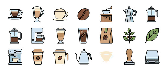 Illustration of coffee preparation equipment, drinks, and coffee beans.