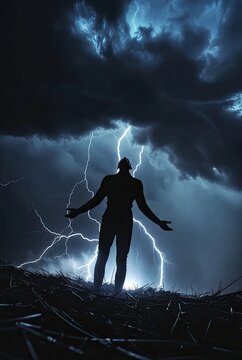 Silhouetted figure stands defiantly amidst a powerful, dramatic lightning storm