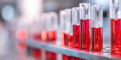 Close-up of glass tubes filled with vibrant red liquid, arranged in a metal rack